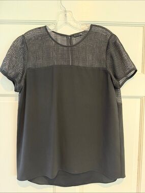 Tibi Black Sheer-Yoke Short Sleeve Blouse